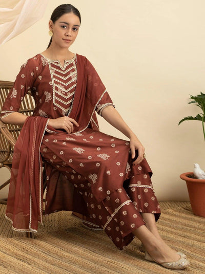 Brown Printed Silk Suit Set - ShopLibas
