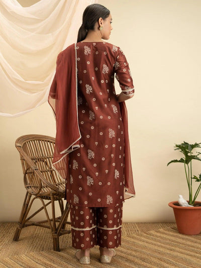 Brown Printed Silk Suit Set - ShopLibas