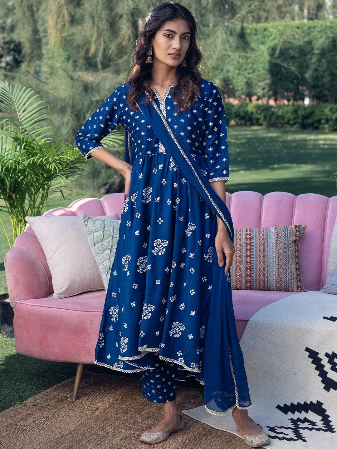 Blue Printed Silk Suit Set - ShopLibas