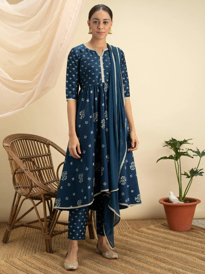 Blue Printed Silk Suit Set - ShopLibas