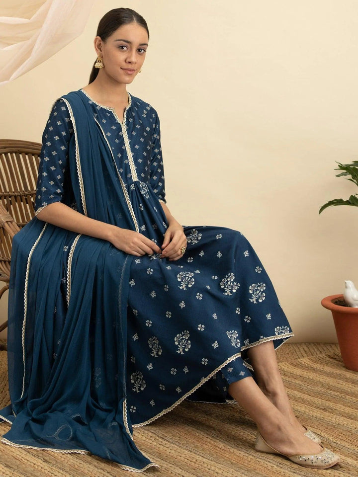 Blue Printed Silk Suit Set - ShopLibas