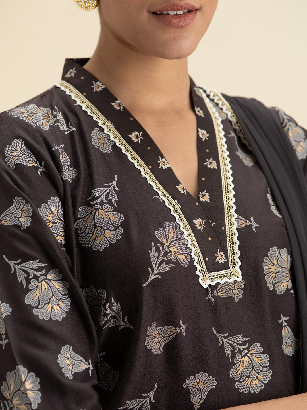Brown Printed Silk Suit Set - ShopLibas
