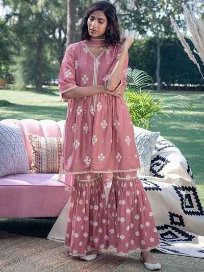 Pink Printed Silk Suit Set - ShopLibas