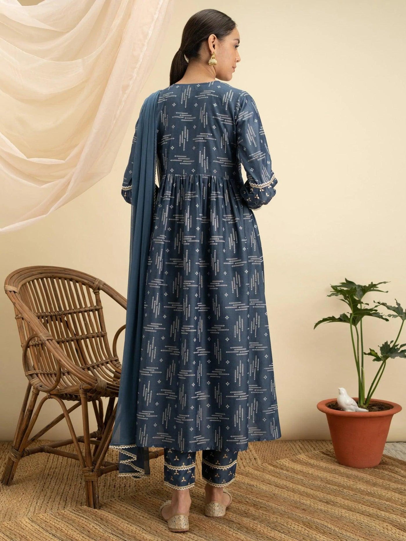 Blue Printed Silk A-Line Suit Set - ShopLibas