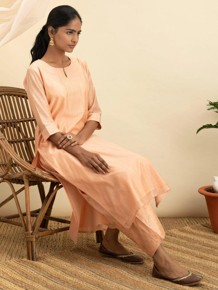Peach Self Design Chanderi Silk Kurta Set - ShopLibas