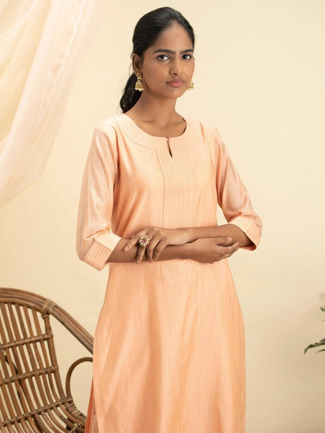 Peach Self Design Chanderi Silk Kurta Set - ShopLibas
