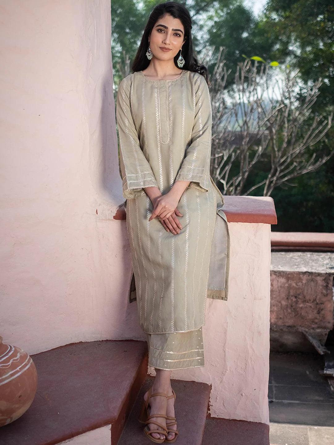 Olive Green Self Design Chanderi Silk Kurta Set - ShopLibas