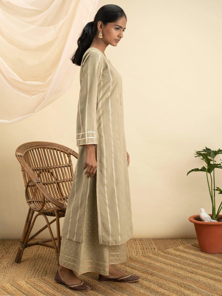 Olive Green Self Design Chanderi Silk Kurta Set - ShopLibas
