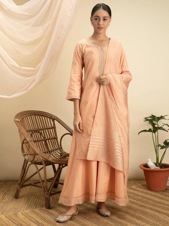 Peach Self Design Silk Suit Set - ShopLibas
