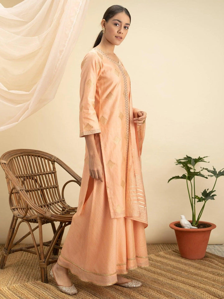 Peach Self Design Silk Suit Set - ShopLibas