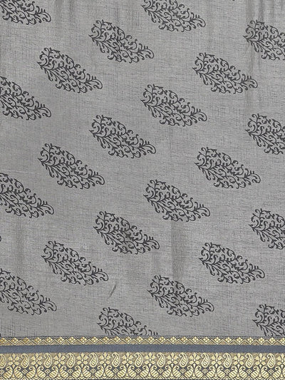 Grey Printed Silk Blend Saree - ShopLibas