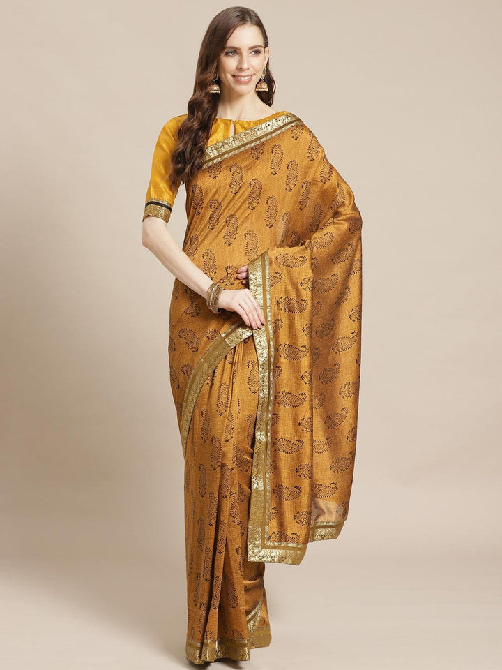 Mustard Printed Silk Blend Saree - ShopLibas