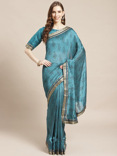 Blue Printed Silk Blend Saree - ShopLibas