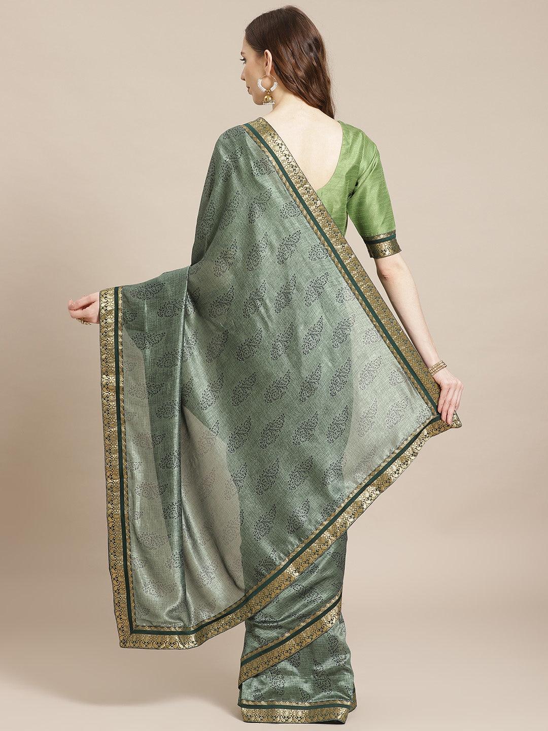Green Printed Silk Blend Saree - ShopLibas
