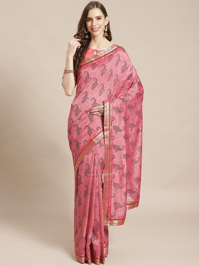 Pink Printed Silk Blend Saree - ShopLibas