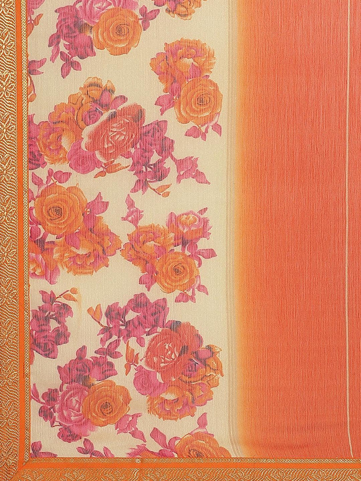 Orange Printed Chiffon Saree - ShopLibas