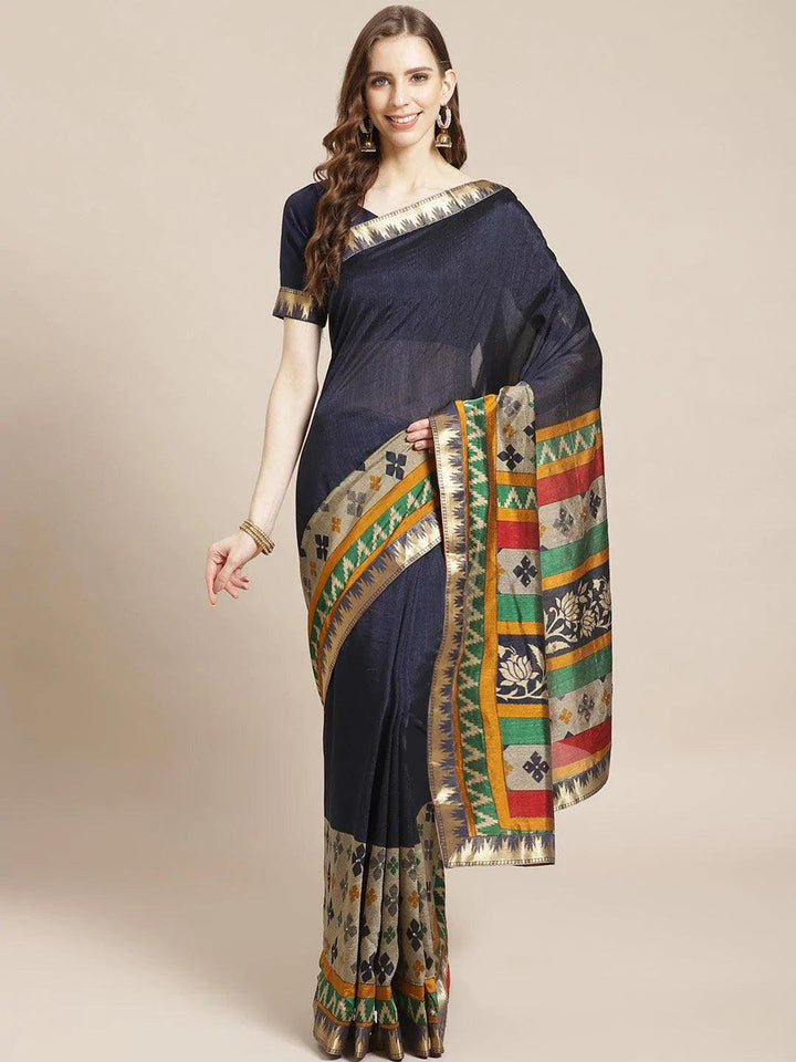 Blue Printed Polyester Saree - ShopLibas