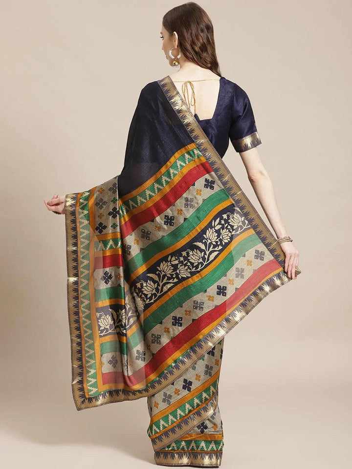 Blue Printed Polyester Saree - ShopLibas