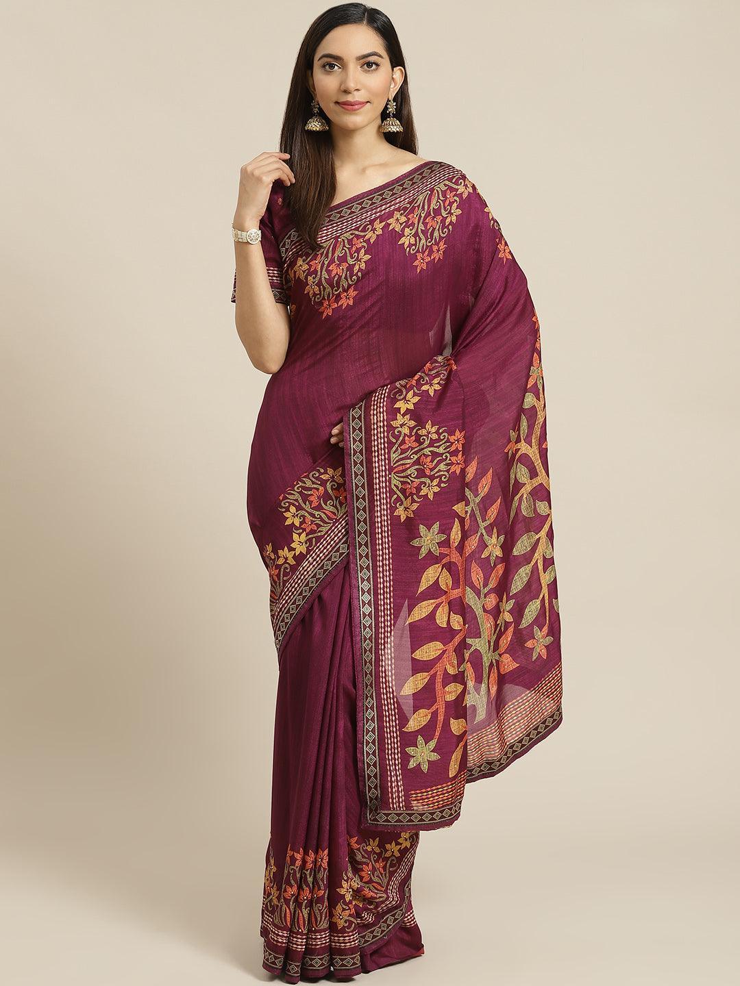 Purple Printed Polyester Saree - ShopLibas