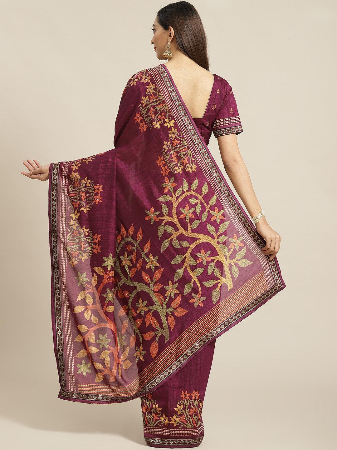 Purple Printed Polyester Saree - ShopLibas