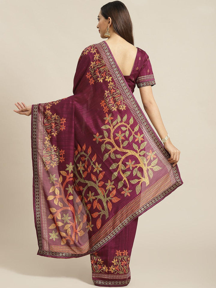 Purple Printed Polyester Saree - ShopLibas
