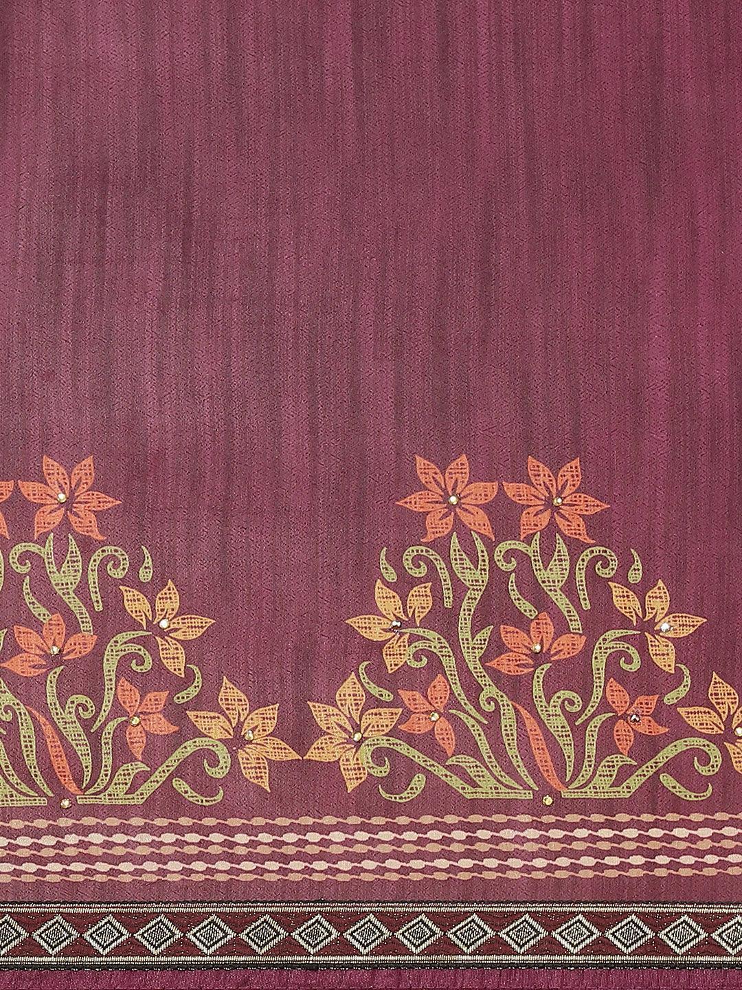 Purple Printed Polyester Saree - ShopLibas