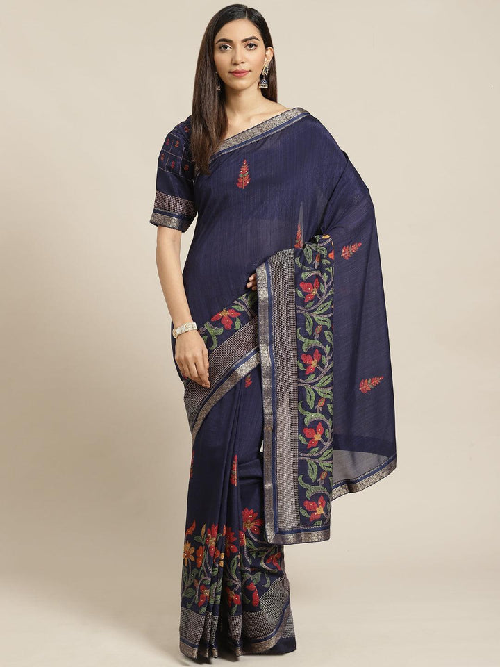 Navy Blue Printed Chiffon Saree - ShopLibas