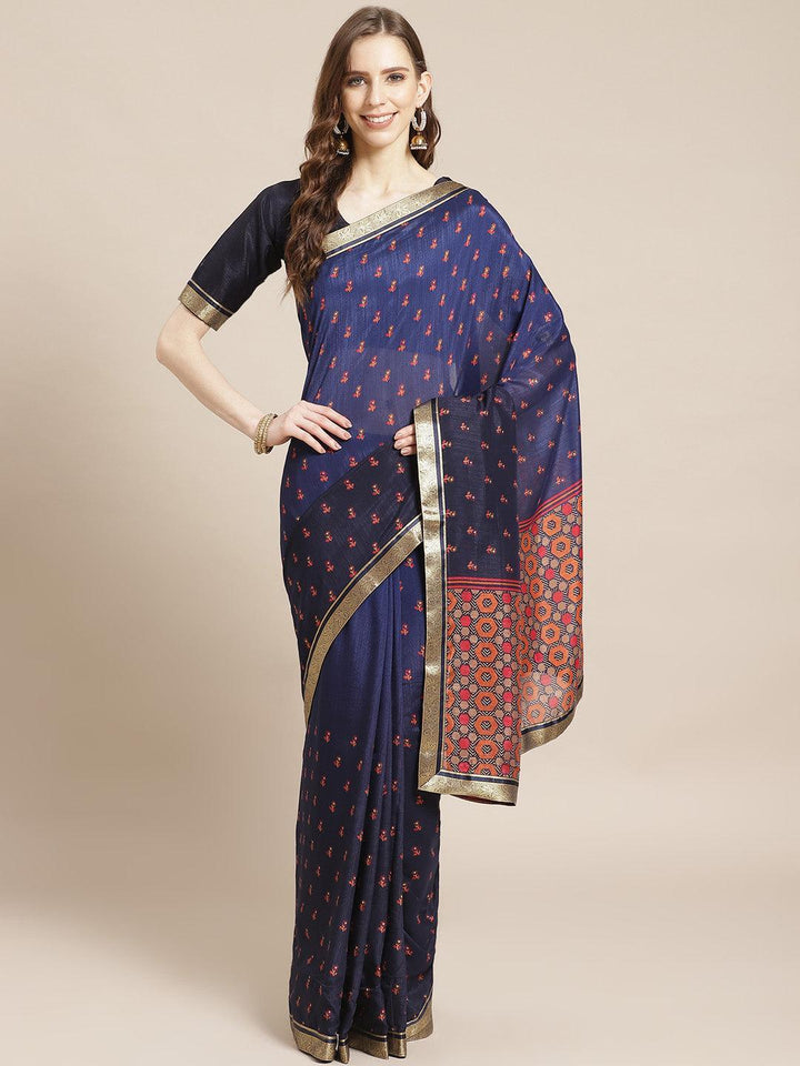 Blue Printed Polyester Saree - ShopLibas