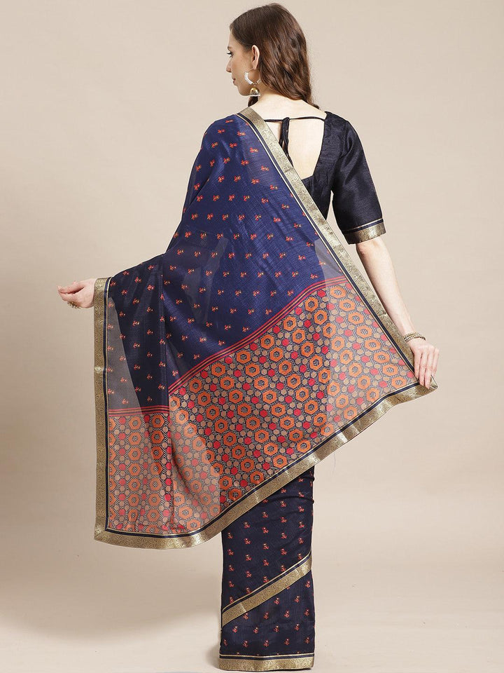 Blue Printed Polyester Saree - ShopLibas