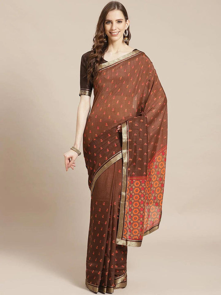 Brown Printed Polyester Saree - ShopLibas