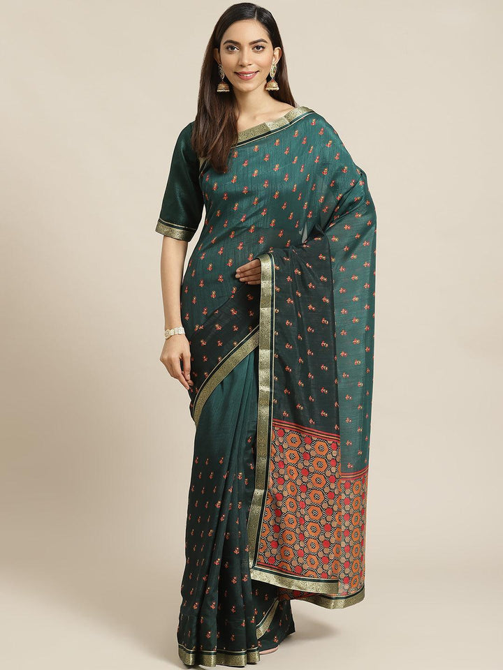 Green Printed Polyester Saree - ShopLibas