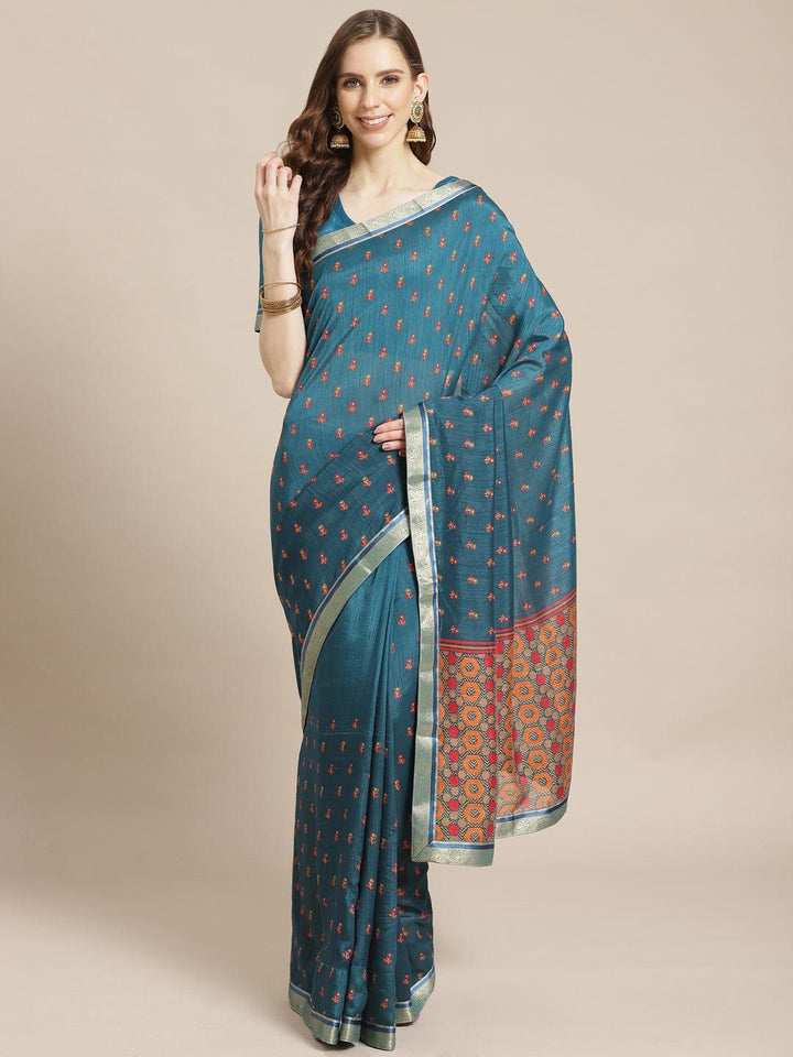 Blue Printed Polyester Saree - ShopLibas