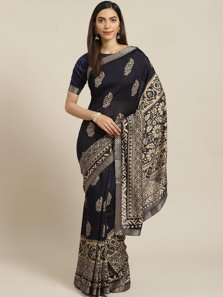 Navy Blue Printed Polyester Saree - ShopLibas