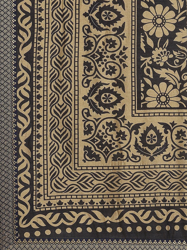 Navy Blue Printed Polyester Saree - ShopLibas