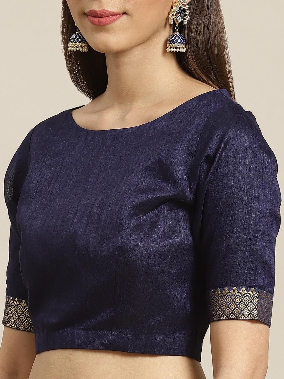 Navy Blue Printed Polyester Saree - ShopLibas