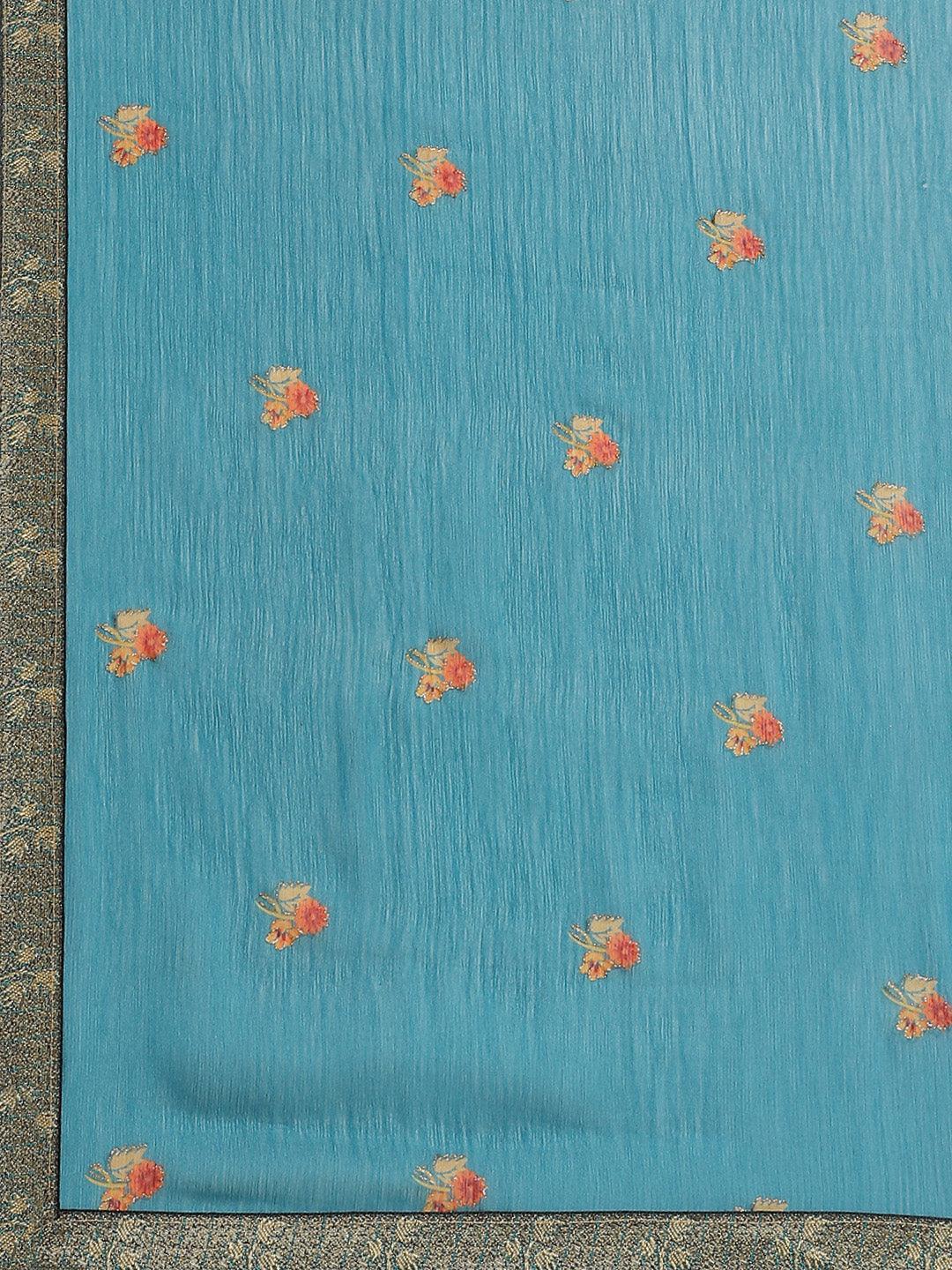 Blue Printed Chiffon Saree - ShopLibas