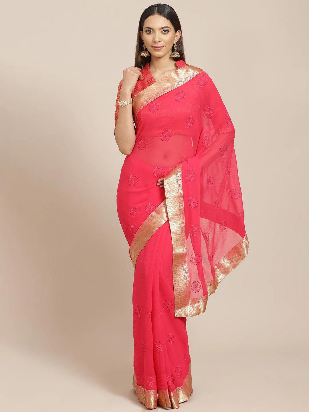Pink Embroidered Chiffon Saree - ShopLibas