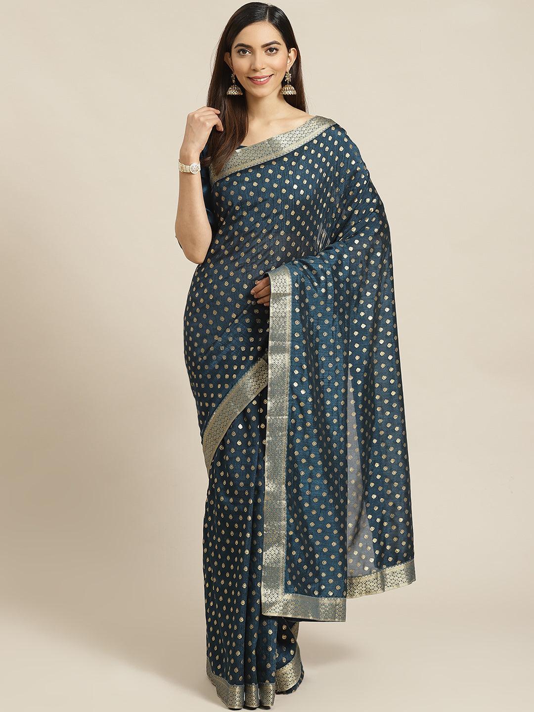 Blue Printed Polyester Saree - ShopLibas