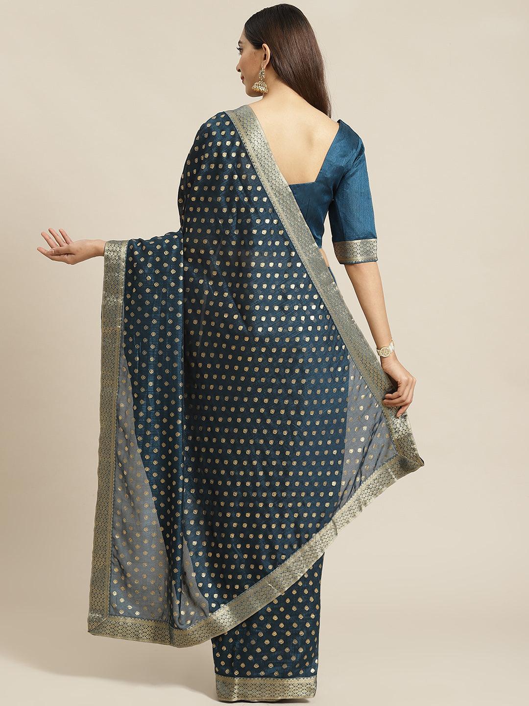 Blue Printed Polyester Saree - ShopLibas