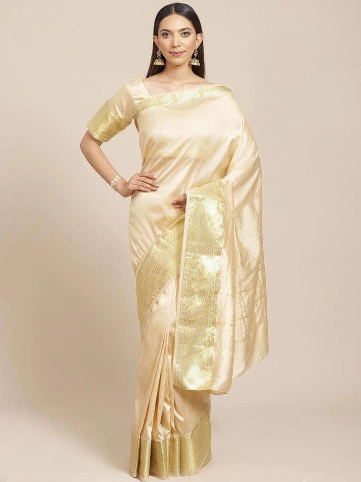 Beige Solid Silk Blend Saree - ShopLibas