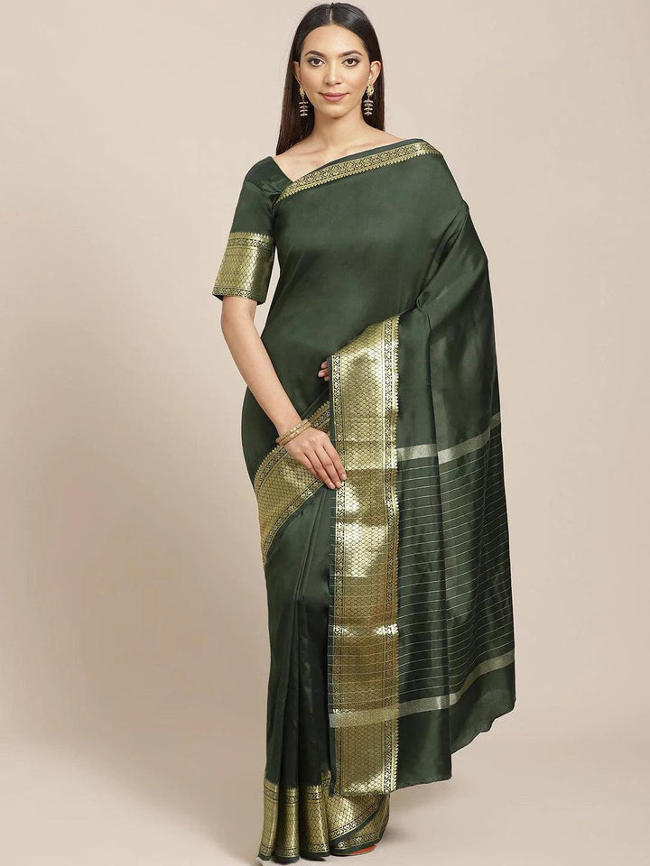 Olive Solid Silk Blend Saree - ShopLibas