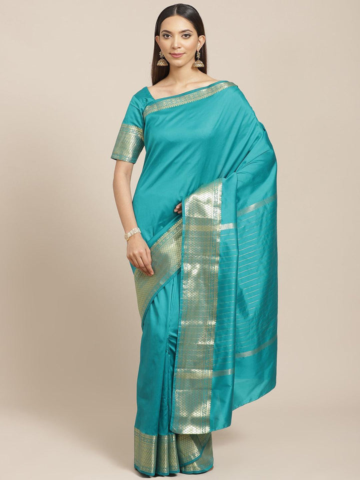 Blue Solid Silk Blend Saree - ShopLibas