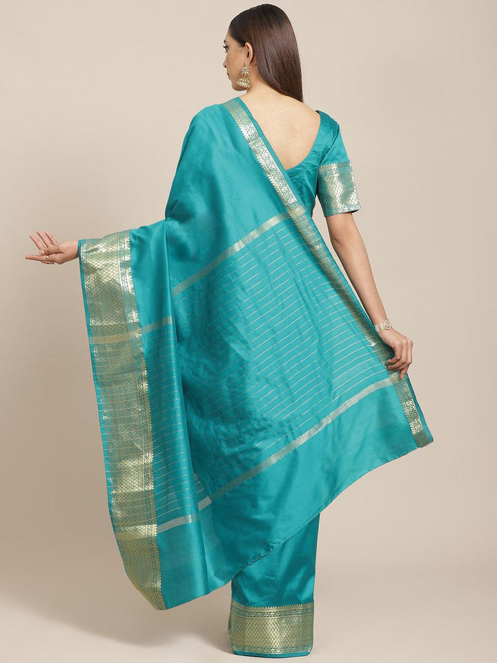 Blue Solid Silk Blend Saree - ShopLibas
