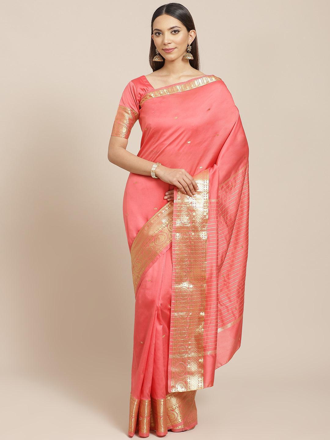 Pink Woven Design Silk Blend Saree - ShopLibas