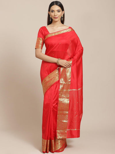 Red Woven Design Silk Blend Saree - ShopLibas