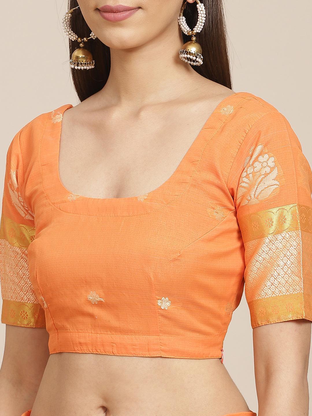 Orange Woven Design Cotton Saree - ShopLibas