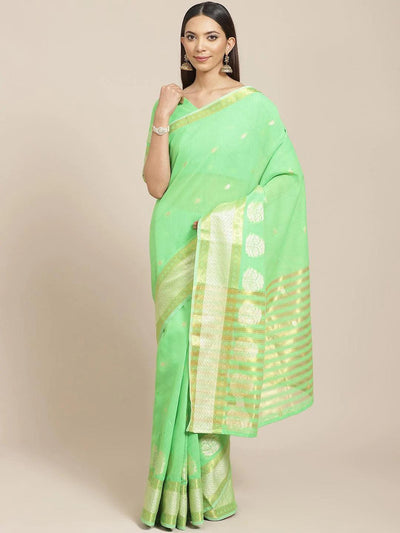 Green Woven Design Cotton Saree - ShopLibas
