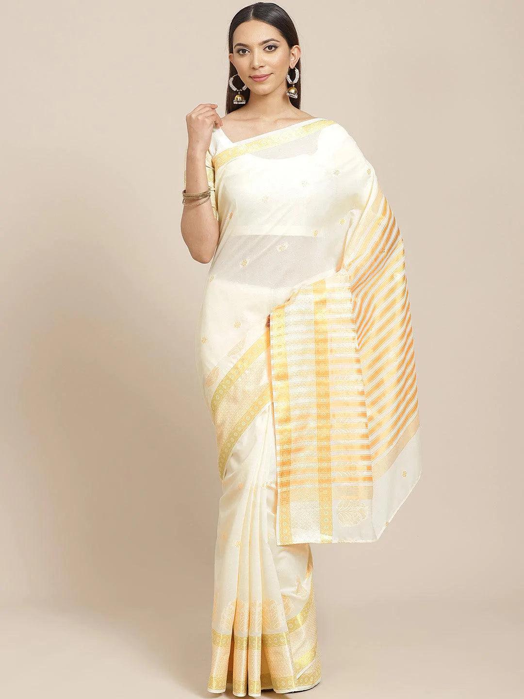 Beige Woven Design Cotton Saree - ShopLibas
