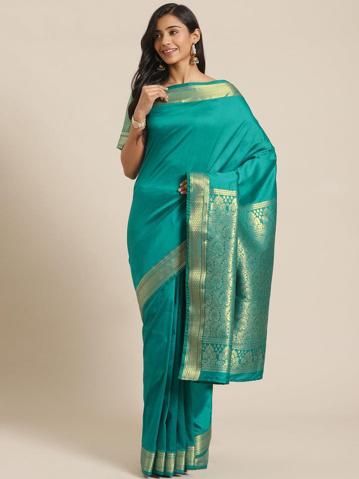 Green Solid Silk Blend Saree - ShopLibas