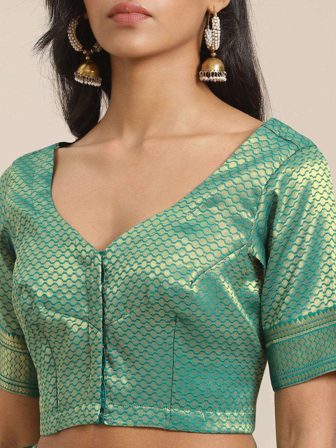 Green Solid Silk Blend Saree - ShopLibas